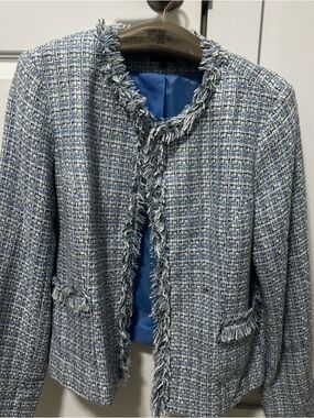 Reitmans Light Blue Tweed Fringe Jacket